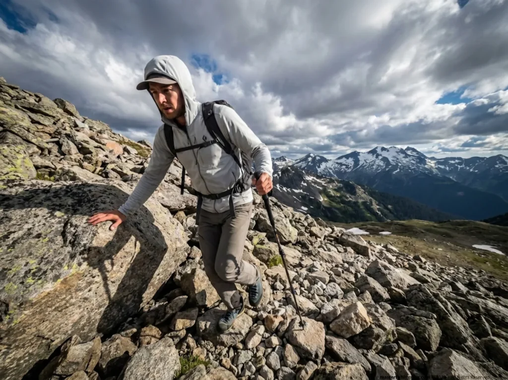 Hiker in Black Diamond Alpine Start softshell scrambling alpine talus — best breathable softshell jackets for hiking reviewed
