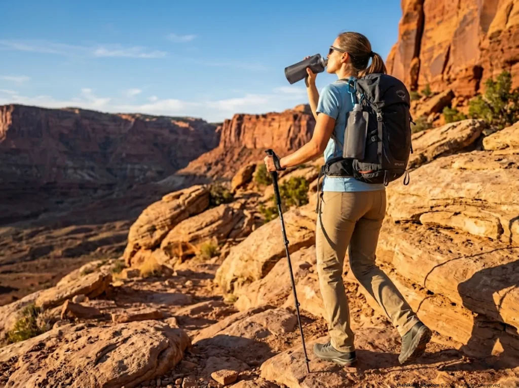 Female hiker drinking from Vapur collapsible water bottle one-handed on rocky desert switchback trail