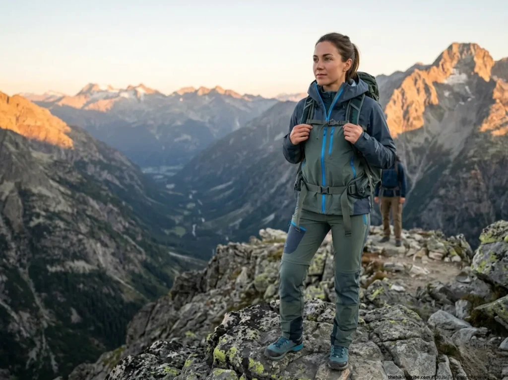 Petite woman hiker in convertible zip-off pants at alpine viewpoint, hip belt fitted, thigh pocket accessible