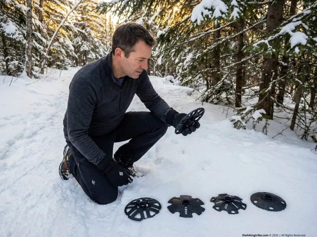 Experienced hiker comparing five different trekking pole snow baskets on a winter trail
