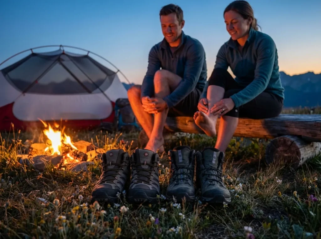 Two pairs of wide toe box hiking boots at mountain campsite after a long trail day