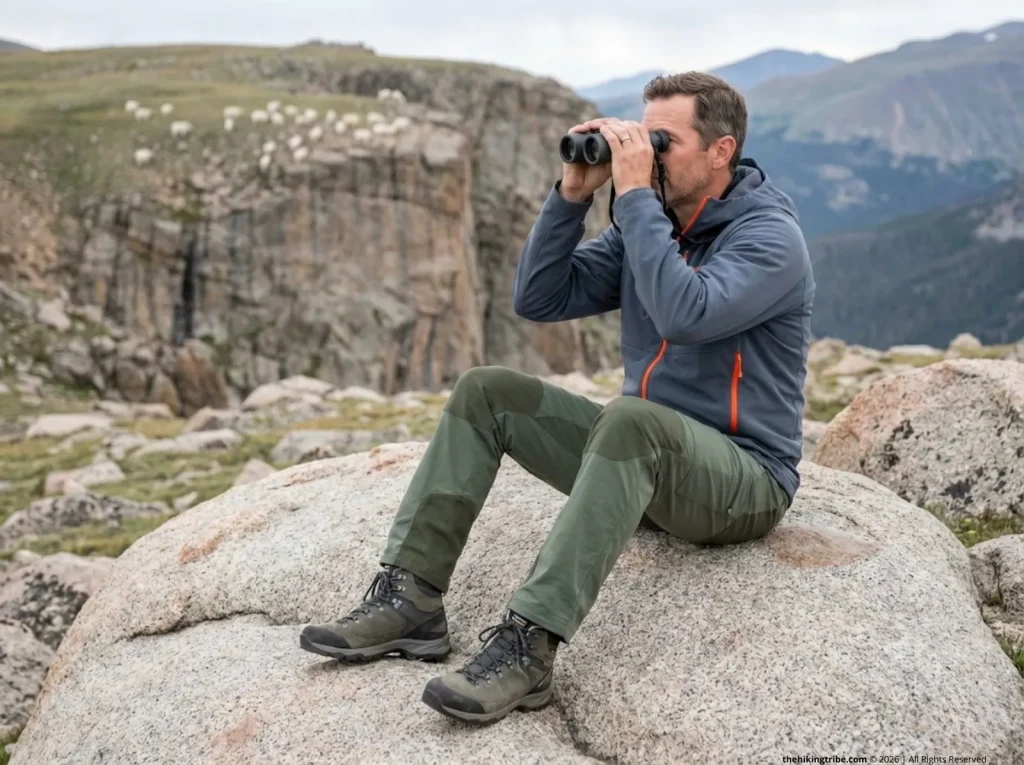 Male hiker using binoculars from rocky outcrop to safely observe mountain goats on distant cliff 