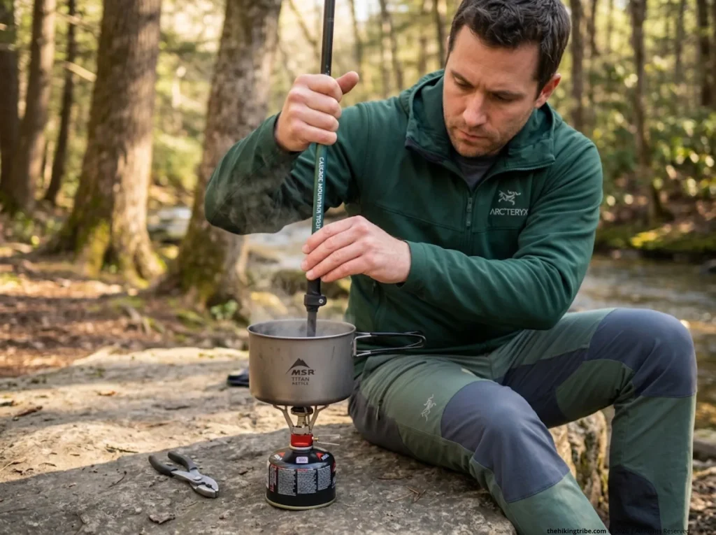 Hiker submerging Cascade Mountain Tech trekking pole tip in boiling water on MSR stove at campsite