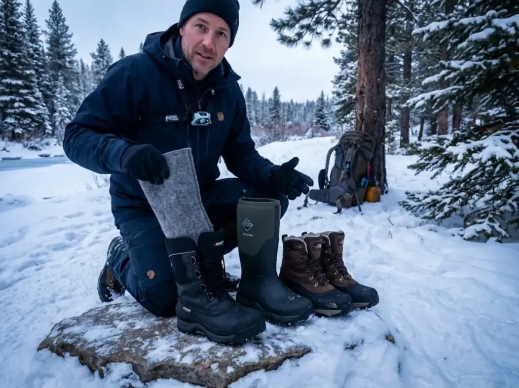Outdoorsman comparing Pac boot, rubber boot, and insulated hiking boot categories on snowy trail