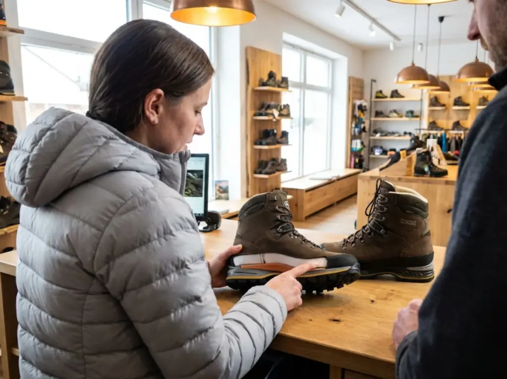 Boot technician explaining shank and midsole construction on Hanwag hiking boot
