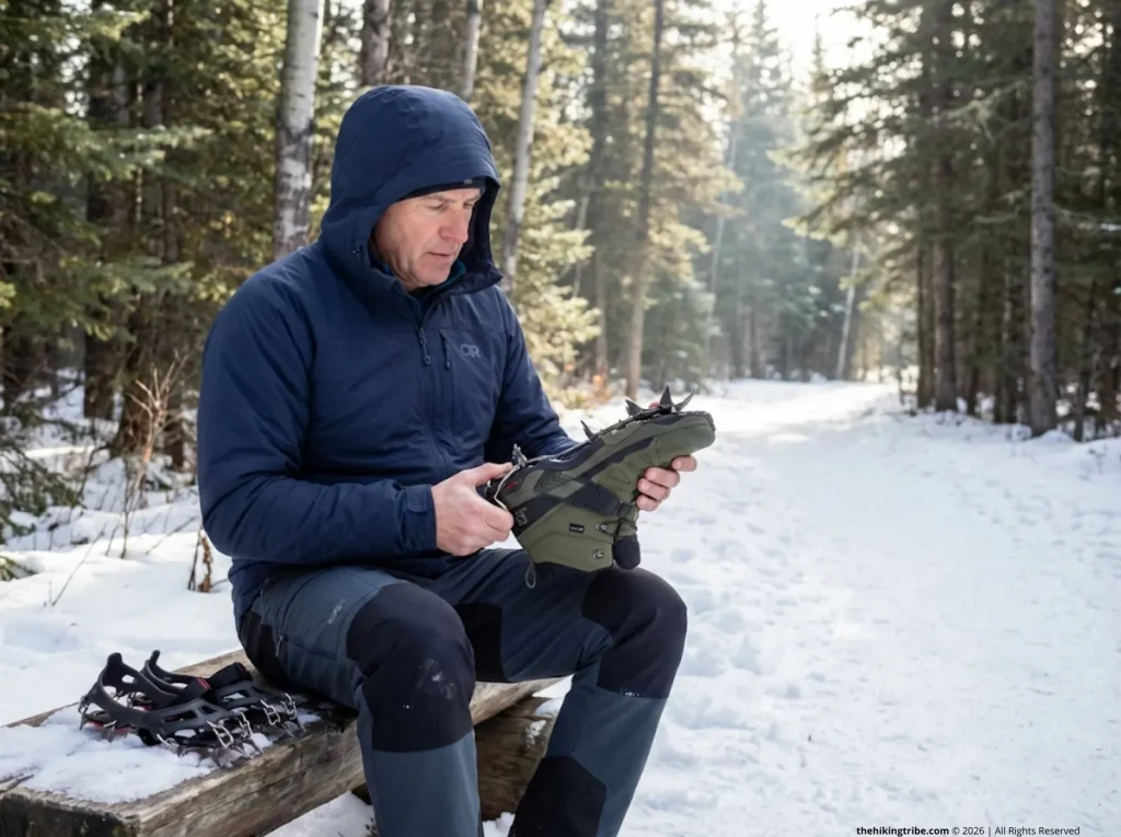 Hiker comparing Salomon boot heel welt to crampon lever at snowy trailhead