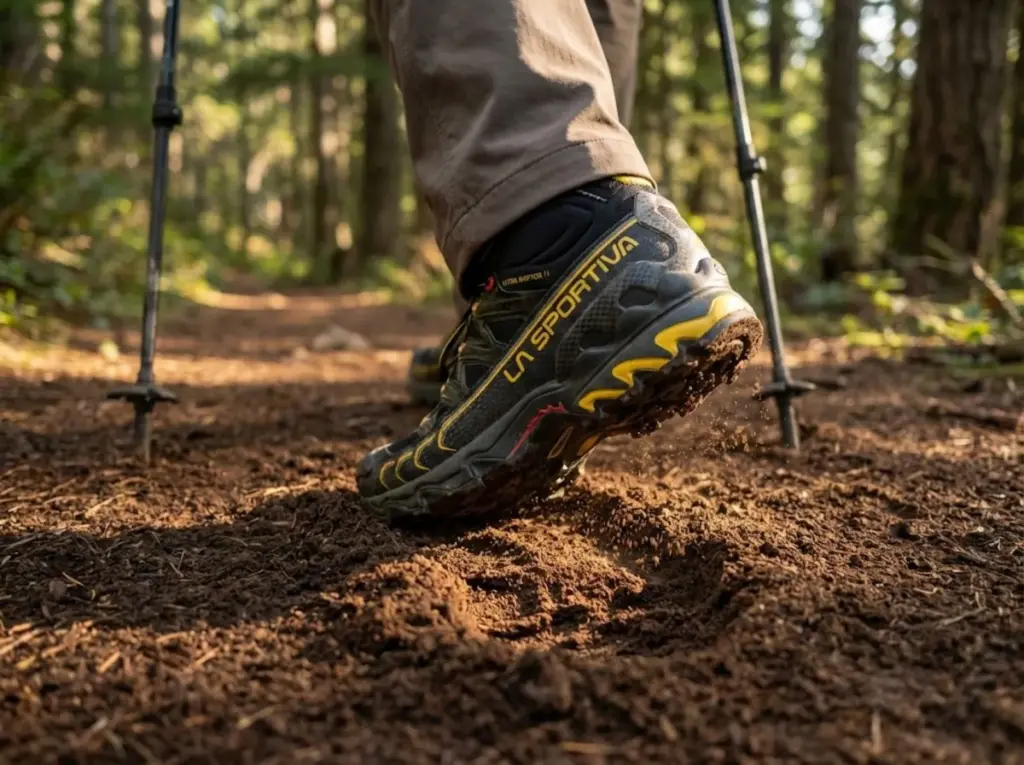Hiking boot pressing into soft trail soil showing ground pressure and footprint erosion