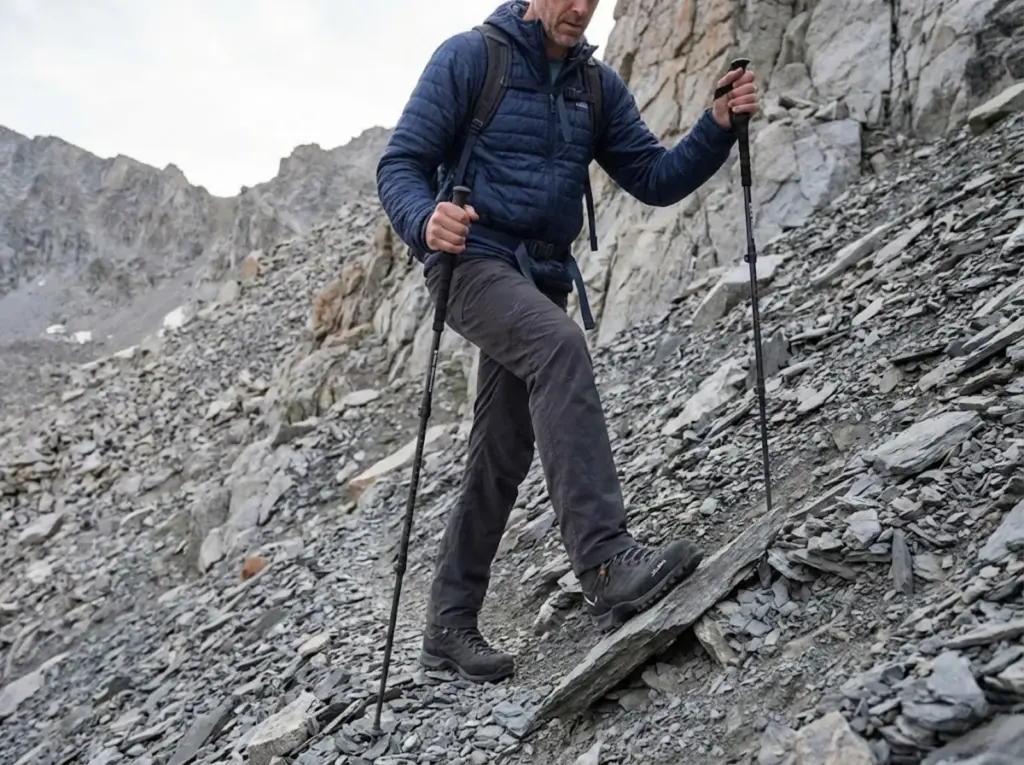 Hiker navigating steep shale slope showing boot stiffness handling technical terrain
