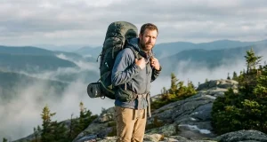 Brain Lid vs Roll-Top — What Most Hikers Miss Hiker wearing an Osprey Atmos AG 65 with top-lid brain visible on a misty trail ridge