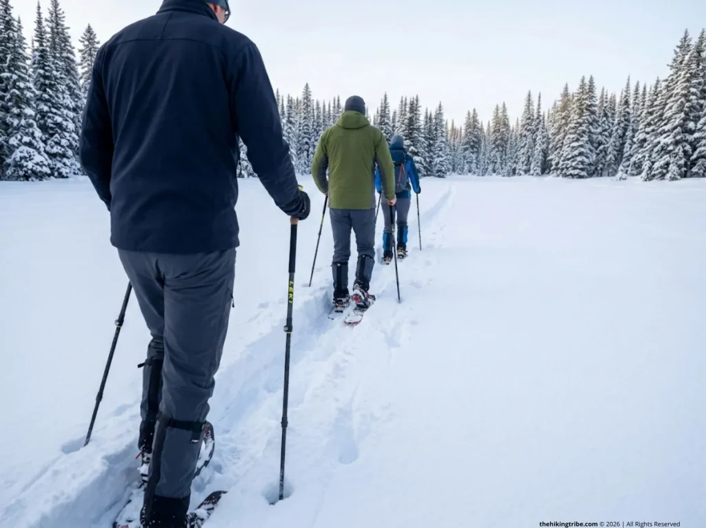 Three hikers in single file on snowshoes, leader breaking trail through deep powder while followers conserve energy in track         