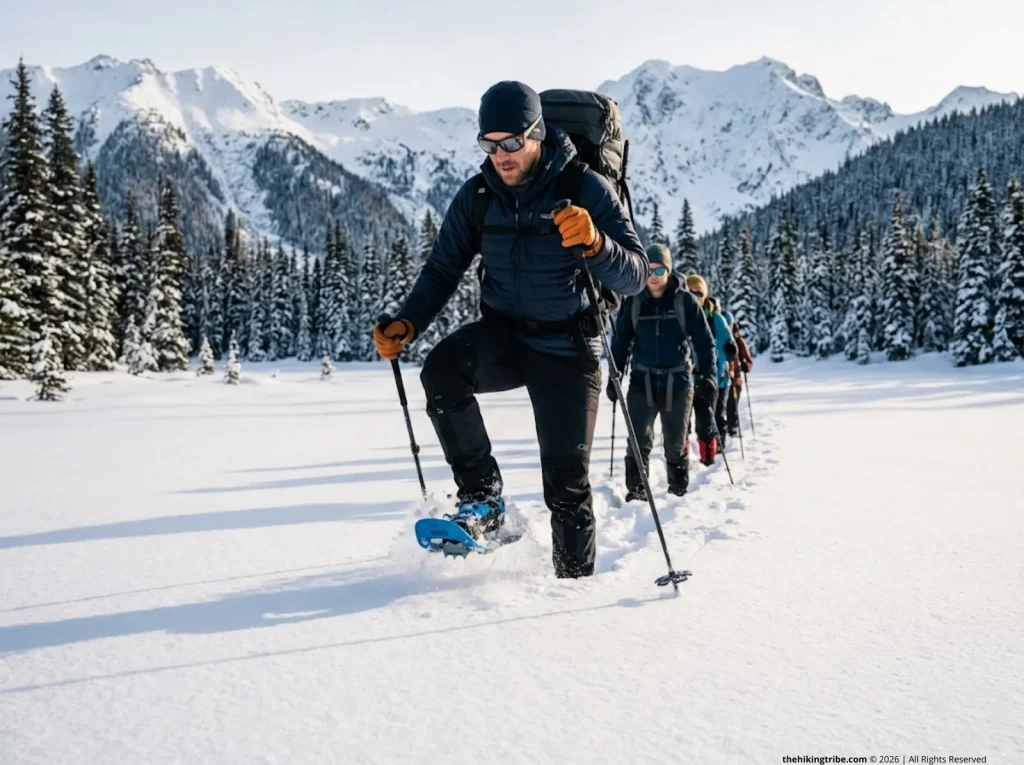 Hiker breaking trail in deep powder on Tubbs snowshoes, high knee lift, sub-alpine snowfield