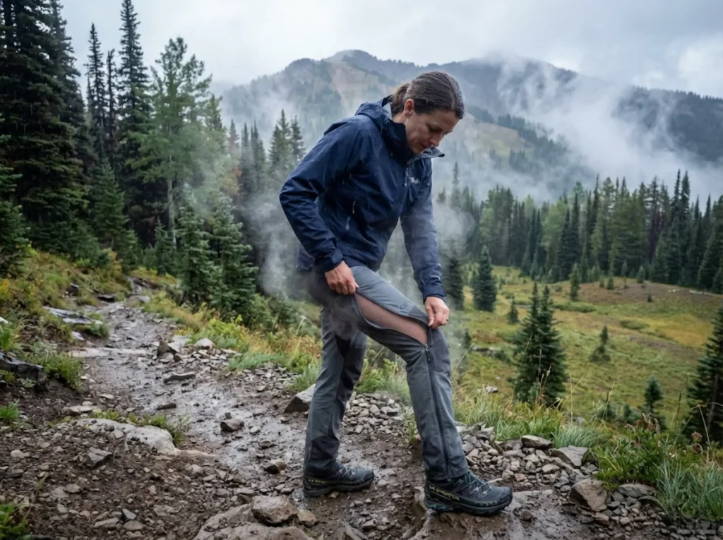 Hiker opening thigh vents on waterproof rain pants during steep uphill climb with steam rising