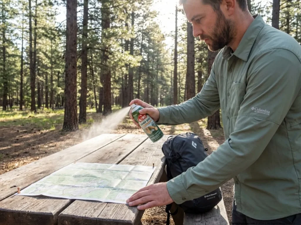 Hiker spraying Camp Dry aerosol onto paper map at trailhead picnic table