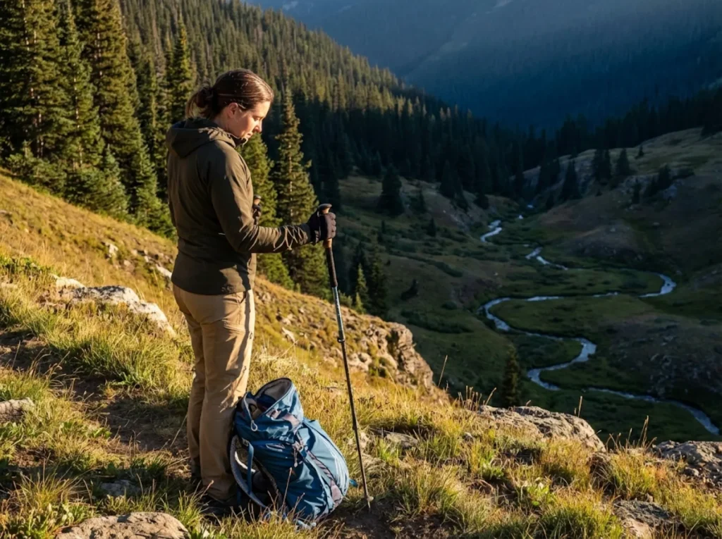 Hiker evaluating mid-slope campsite position above valley at golden hour