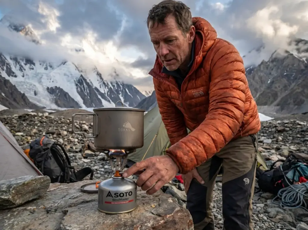 Mountaineer checking fuel canister temperature for overheating at alpine camp