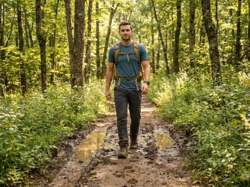 Hiker walking through center of muddy trail demonstrating erosion prevention technique