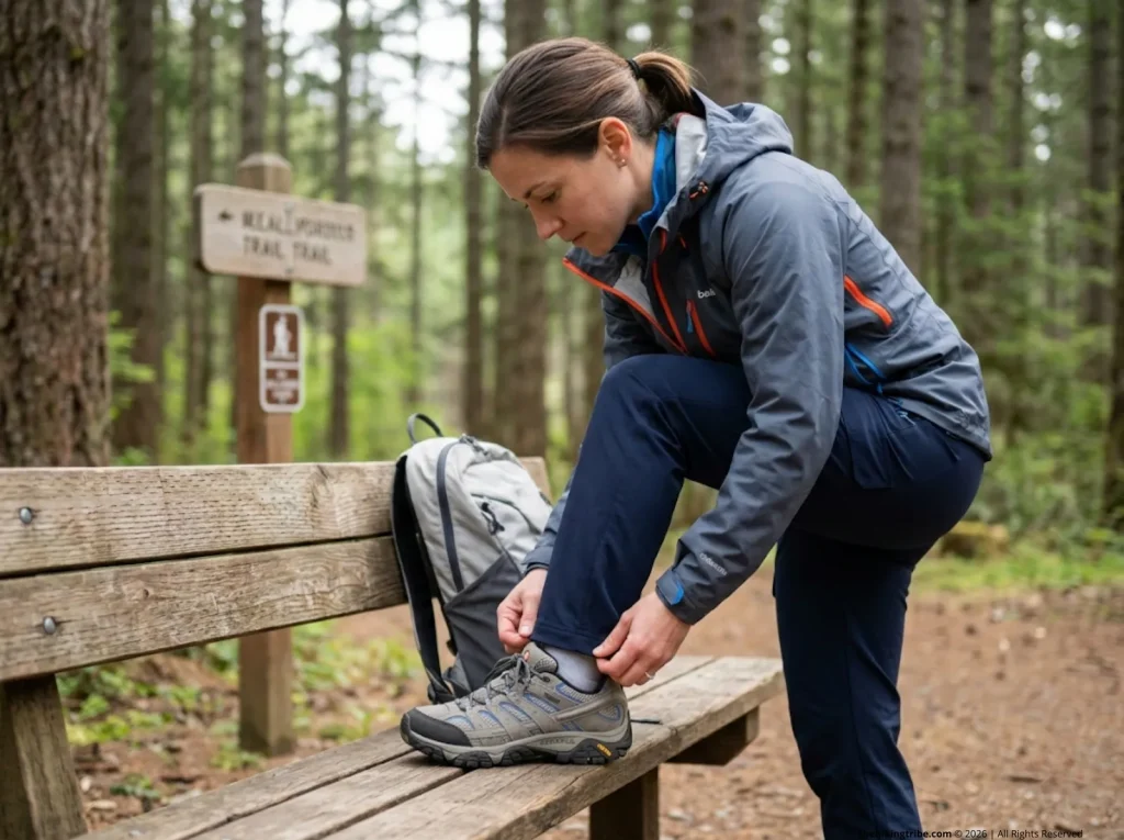 Petite woman checking hiking pants inseam length at trailhead bench in pine forest, baleaf cargo pants
