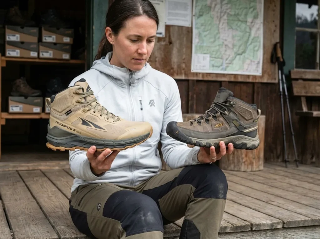 Hiker comparing Altra and KEEN wide toe box hiking boots side by side at mountain outfitter