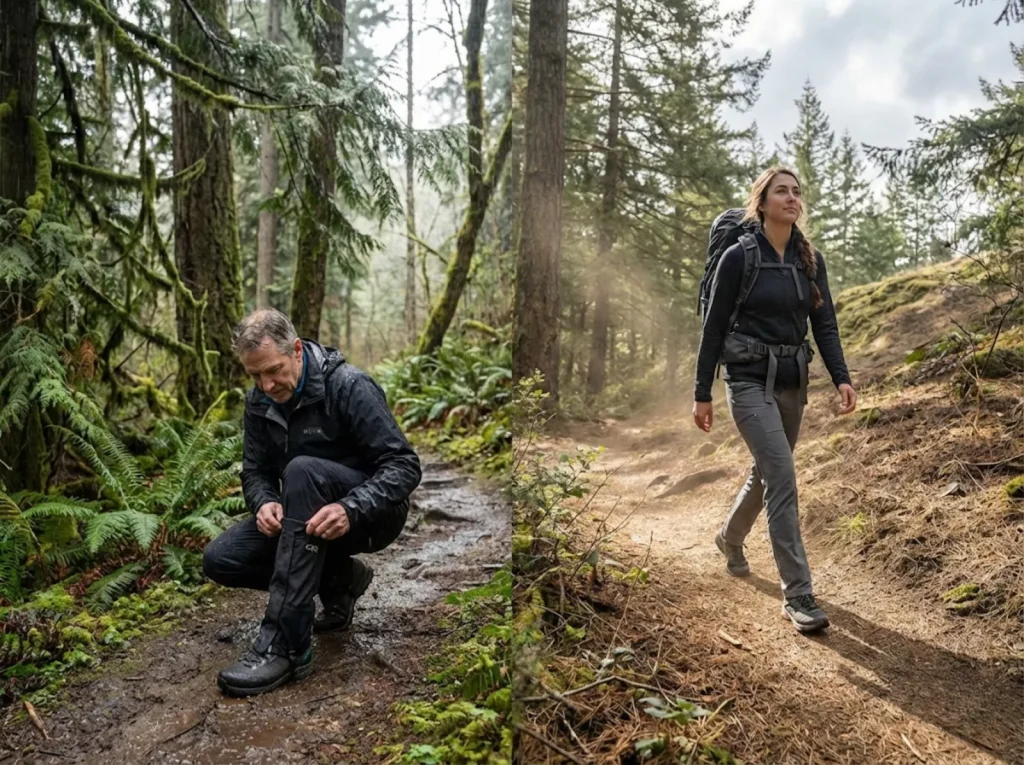 Two hikers wearing different pant types on Pacific Northwest trail showing climate-matched gear choices