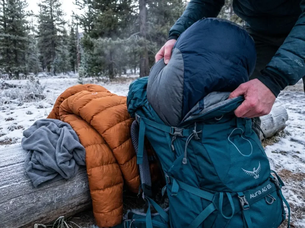 Bulky cold-weather sleeping bag and puffy jacket being stuffed into a large 65 liter pack