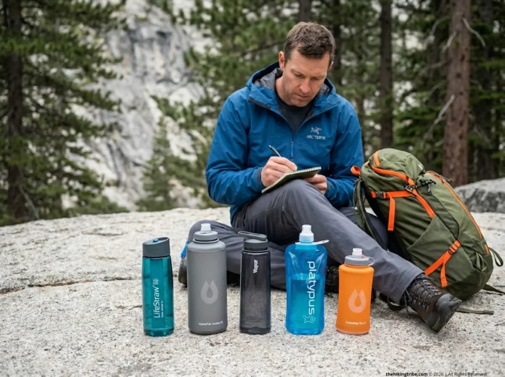 Field tester documenting 5 collapsible water bottles during multi-day trail testing protocol on granite boulder