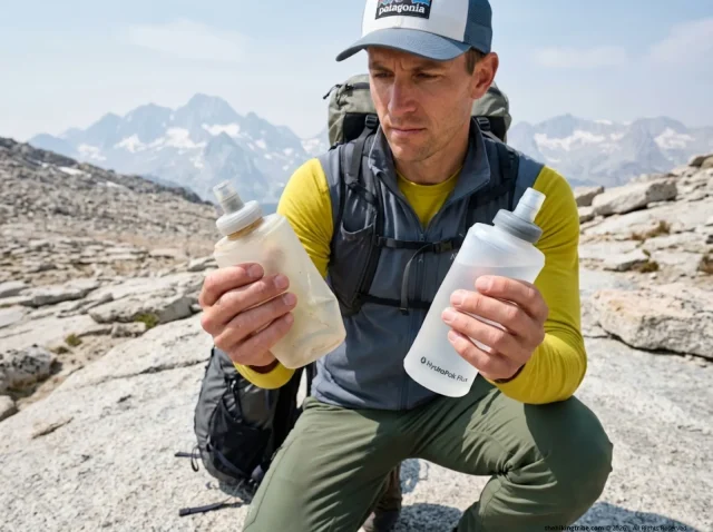 collapsible-water-bottles-hiking-review-hero Hiker comparing failed vs surviving collapsible water bottle on Sierra ridgeline field test