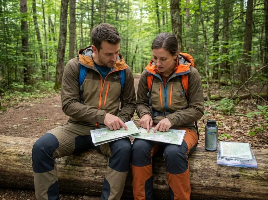 Two hikers comparing different waterproofed paper maps at forest trail rest stop
