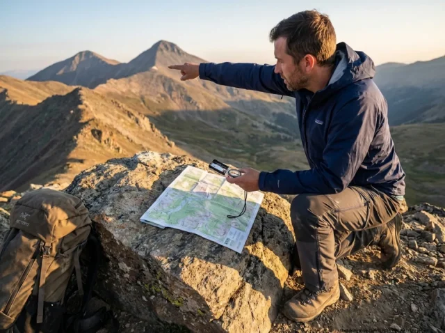 compass-triangulation-alpine-ridge-hero Hiker using Suunto compass and topo map to triangulate position on exposed alpine ridge