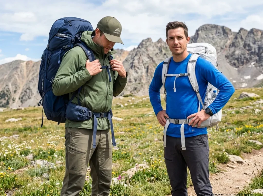 Two hikers comparing conventional Gregory Baltoro versus ultralight Gossamer Gear packs on alpine trail   