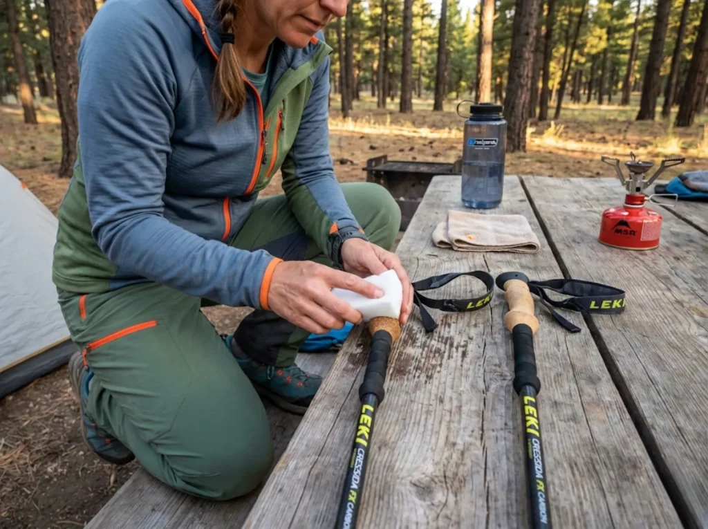 Hiker cleaning cork trekking pole grips with a melamine sponge at a forest campsite