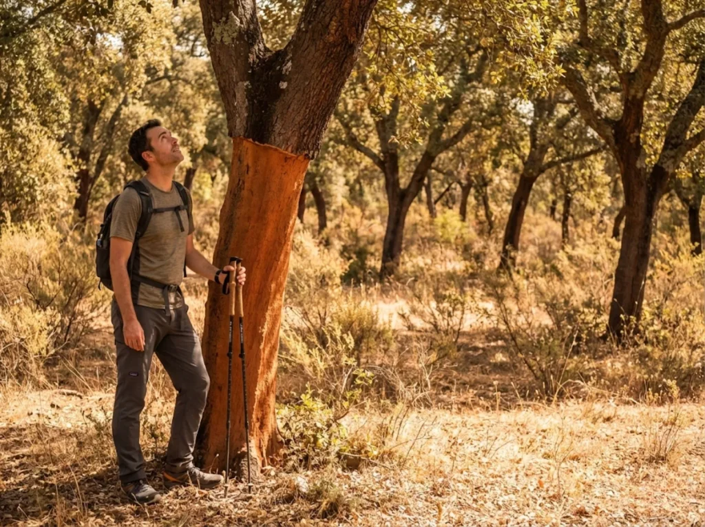 Hiker with cork grip trekking poles beside a harvested cork oak tree in Portugal