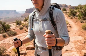 Sweaty Palms on the Trail? Cork vs Foam Grips Compared Hiker gripping cork and foam trekking pole grips on a hot desert switchback trail