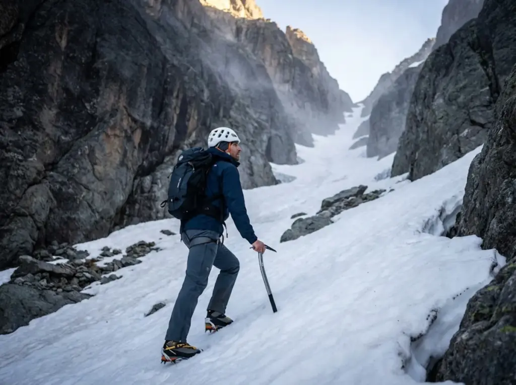 Mountaineer crossing steep alpine couloir at dawn wearing Petzl helmet and crampons for rockfall safety