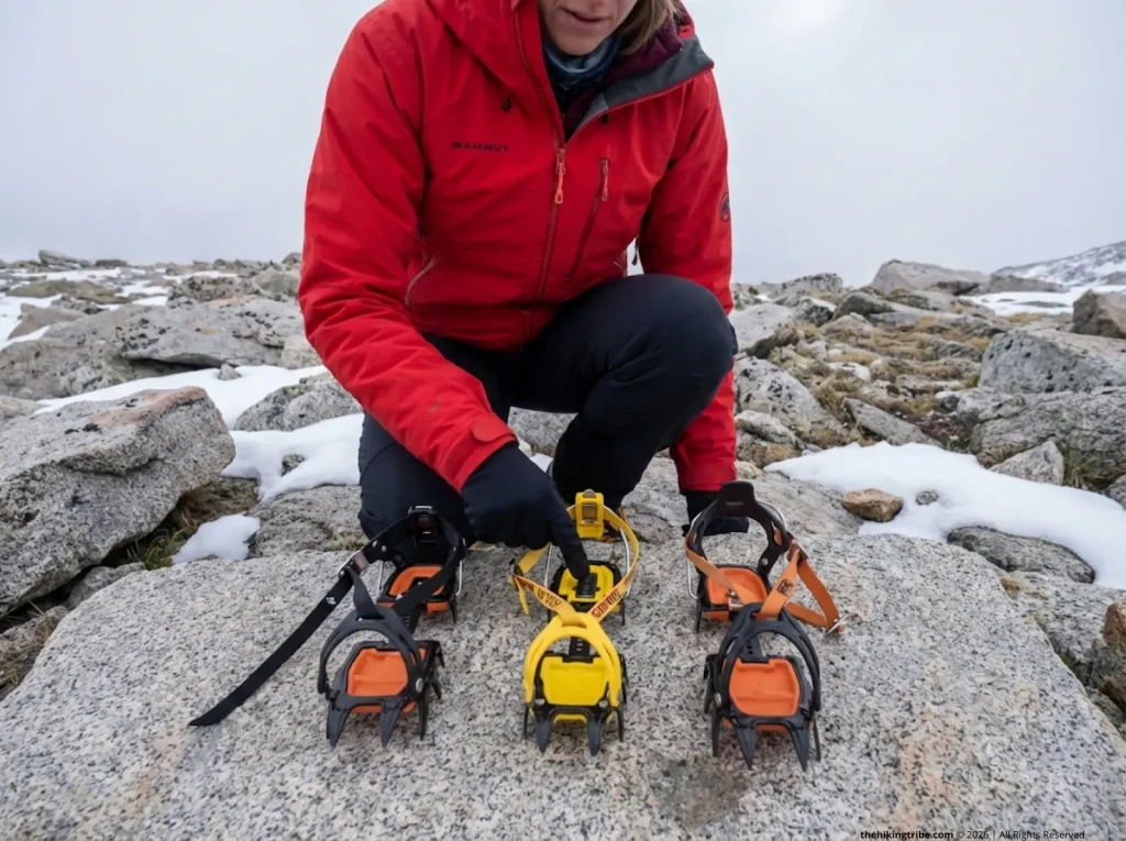 Three crampon binding types displayed on rock showing strap-on semi-auto and step-in