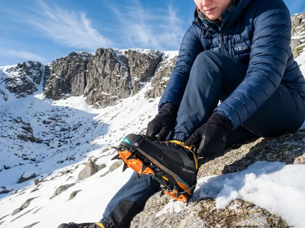 Hiker pressing boot heel into Grivel crampon to confirm secure fit on mountain