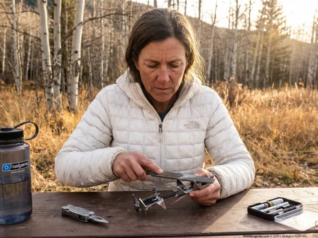 Hiker sharpening Black Diamond crampon points with file at campsite table
