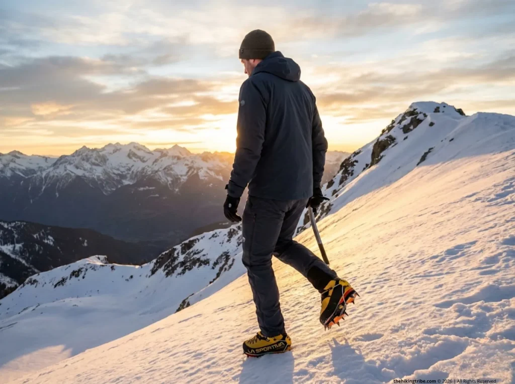 Hiker ascending snowy ridge with Petzl crampons showing wide stance technique
