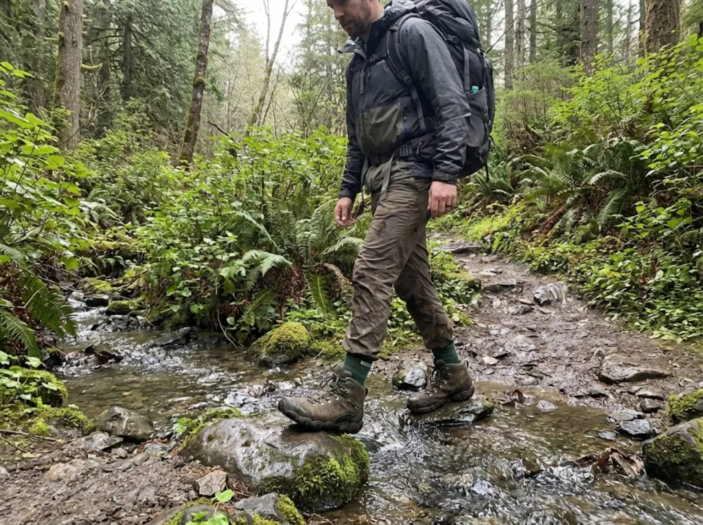 Hiker crossing rocky stream in crew-height socks and mid-cut boots on muddy Olympic trail