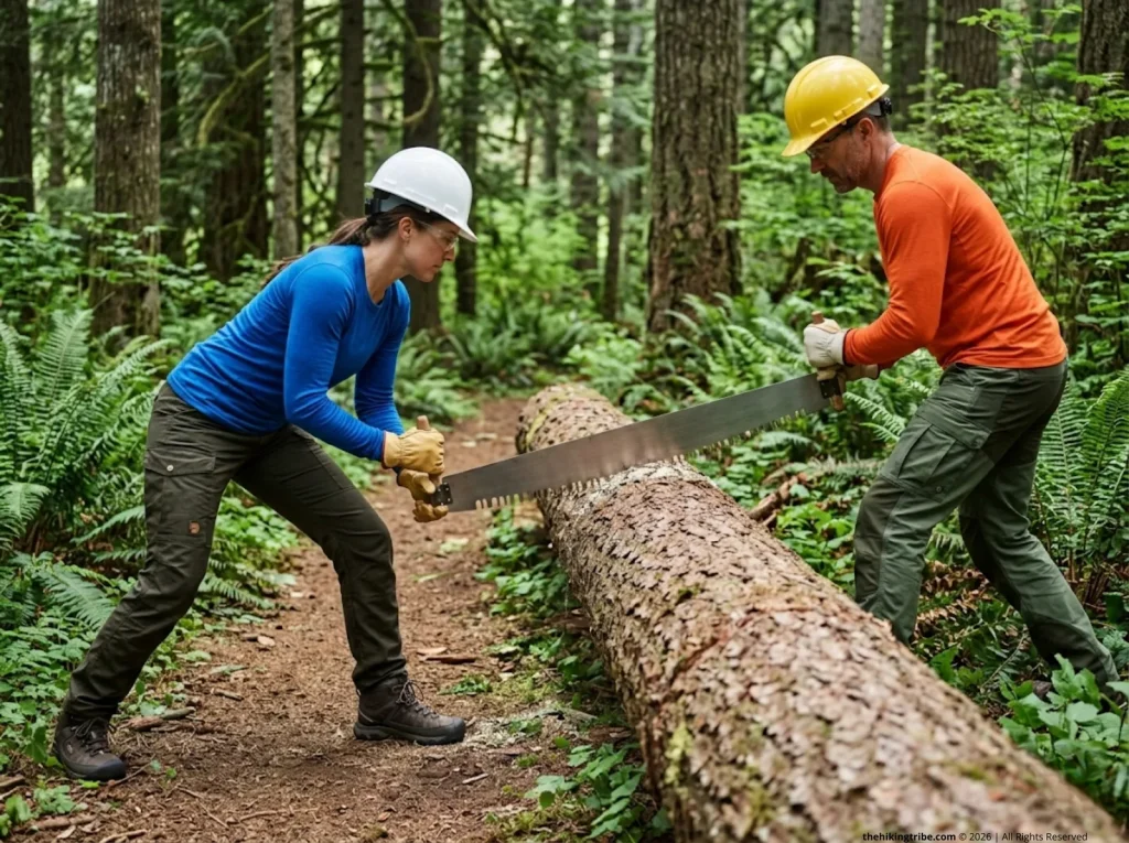 Trail maintenance volunteers using a two-person crosscut saw to remove a blowdown log blocking a forest trail