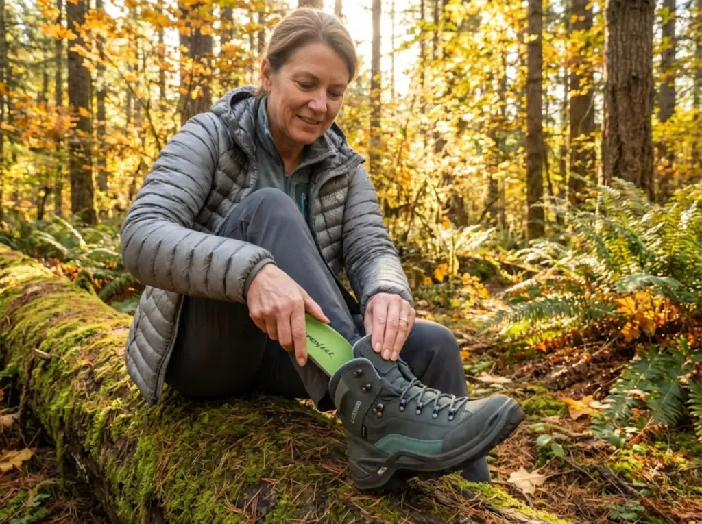 Backpacker with heavy pack ascending alpine terrain using stiff-soled Crispi hiking boots