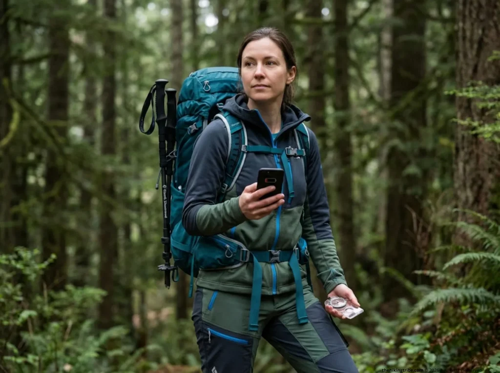 Hiker holding dead phone and Silva compass on forested trail, transitioning to analog navigation