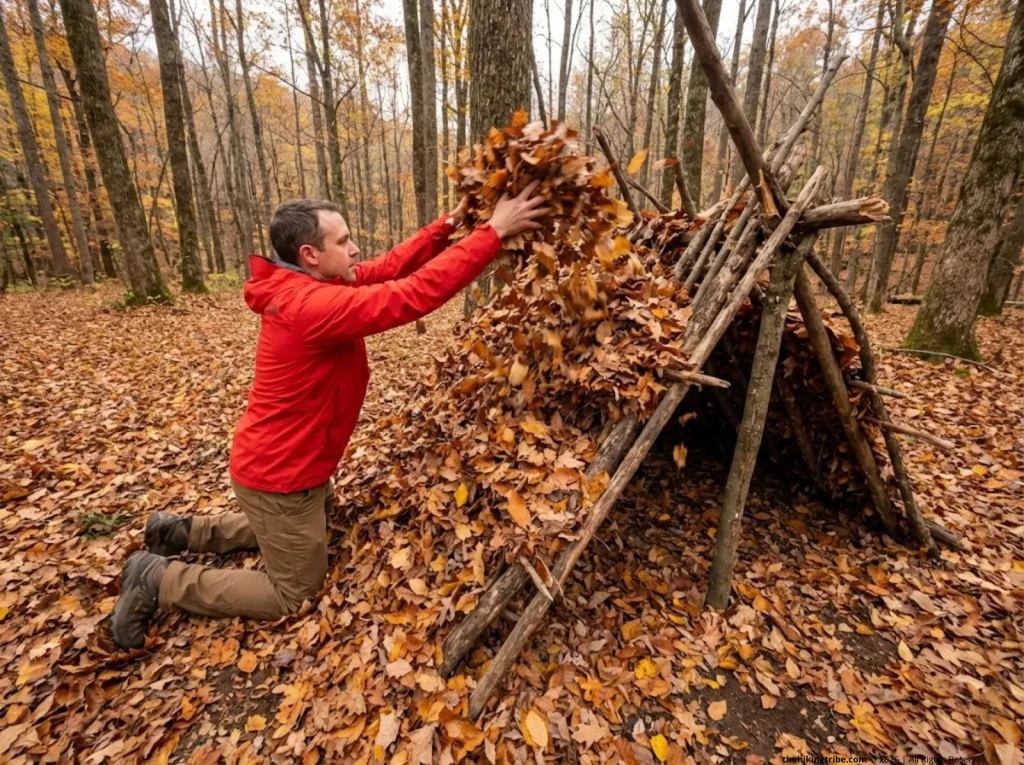 Hiker piling thick layer of dry autumn leaves onto a debris hut roof in the Great Smoky Mountains for insulation   