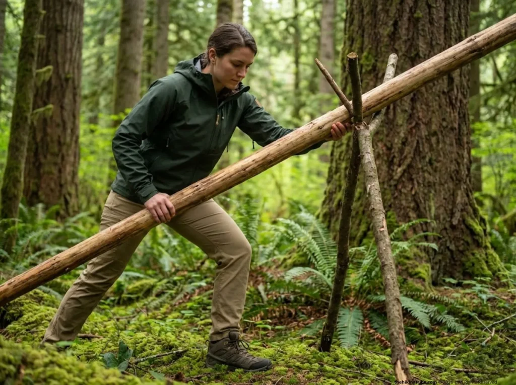 Female hiker propping a ridgepole onto a Y-branch support to begin building a debris hut emergency shelter frame
