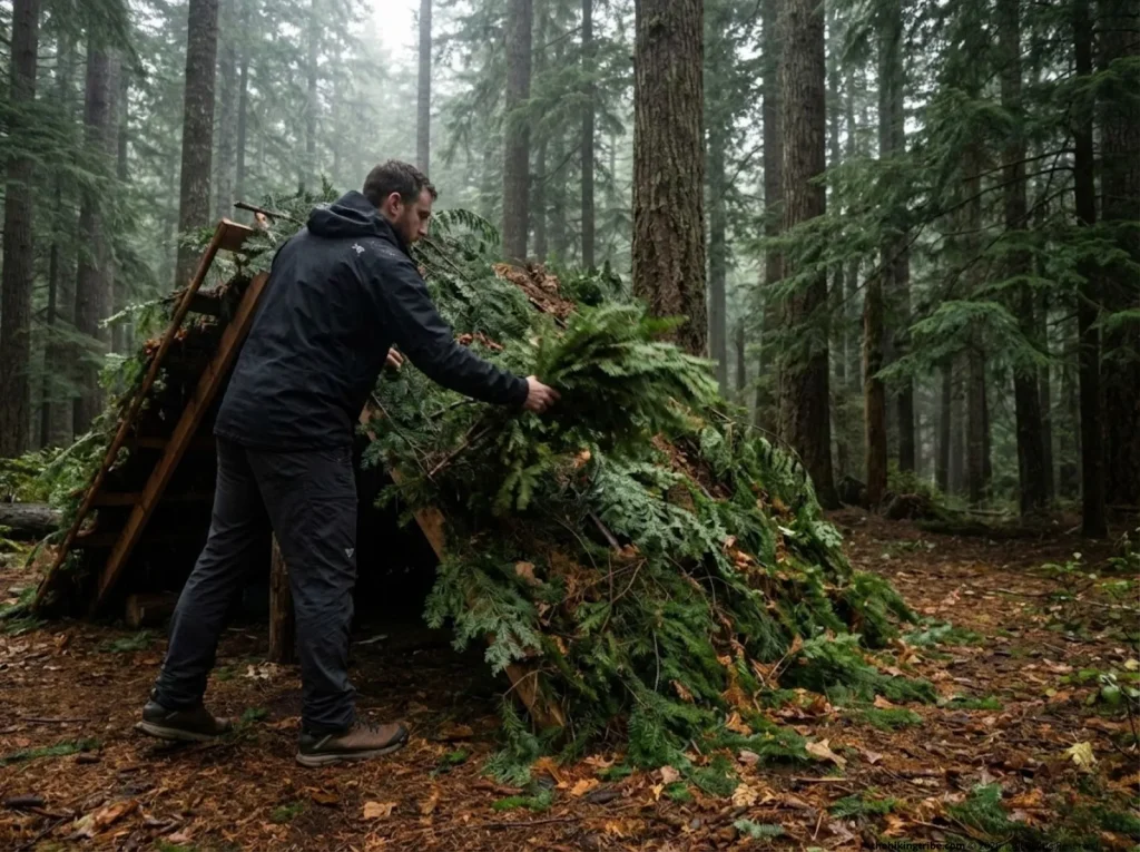Hiker adding pine bough insulation to a debris hut shelter in a Pacific Northwest forest during a storm
