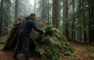 Caught in a Storm? Build a Debris Shelter in 90 Minutes Hiker adding pine bough insulation to a debris hut shelter in a Pacific Northwest forest during a storm