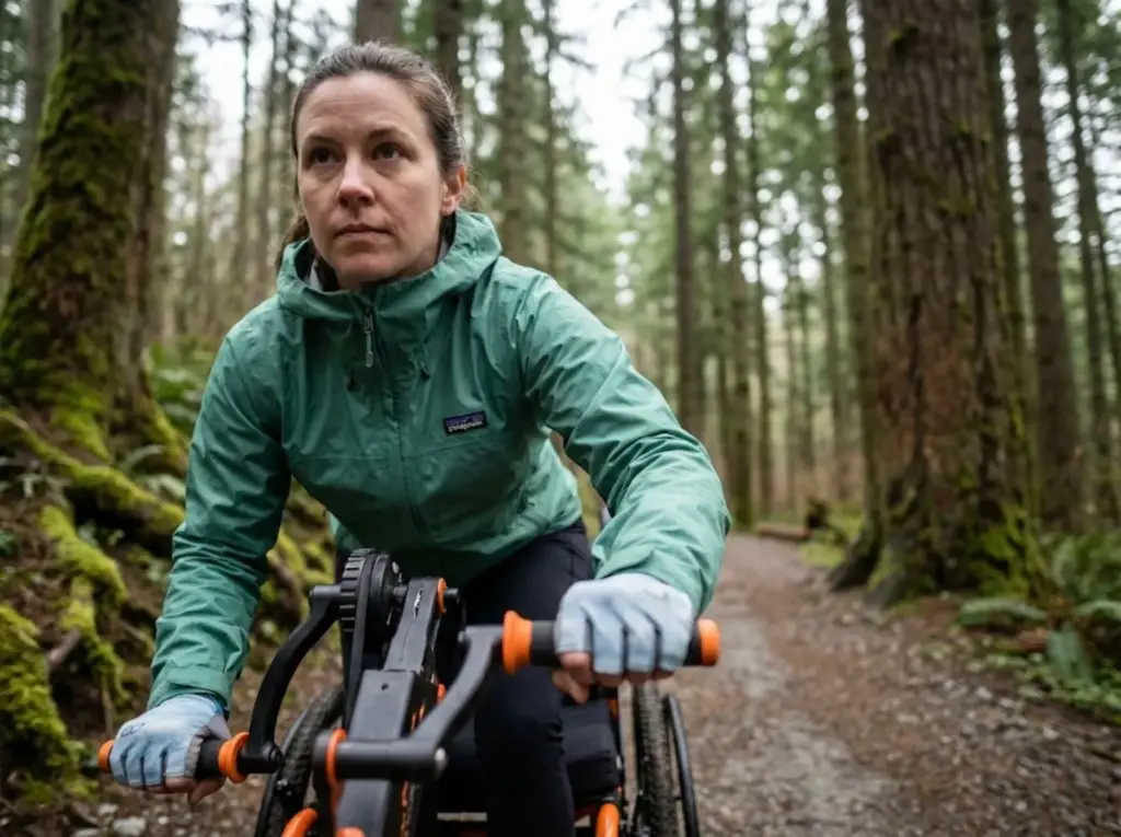 Disabled hiker using a GRIT Freedom Chair on an accessible forest trail