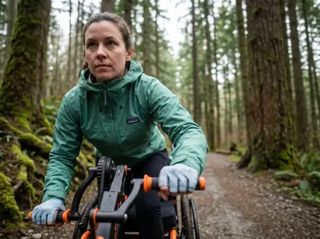 disabled-hiker-lever-drive-wheelchair-forest-trail Disabled hiker using a GRIT Freedom Chair on an accessible forest trail