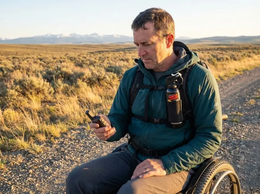 Disabled hiker using satellite communicator with bear spray on remote trail
