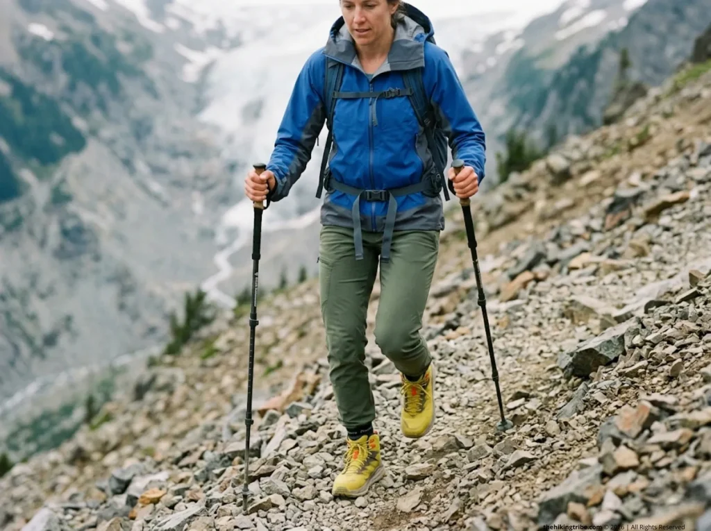 Female hiker descending steep rocky alpine trail with trekking poles, legs under eccentric load, showing why downhill hiking causes DOMS