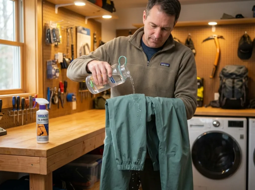 Hiker performing DWR splash test on waterproof pants showing water beading after retreatment